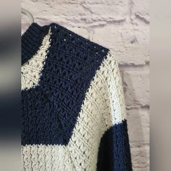 SO Striped Open-Knit Sweater Navy White Crochet Long Sleeve Lightweight Preppy L - Picture 4 of 4
